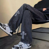 Hearujoy Vintage Men's Straight Jeans Cross Embroidery Casual Jeans Denim Loose Hip Hop Four Seasons Fashion Streetwear Pants Black Blue